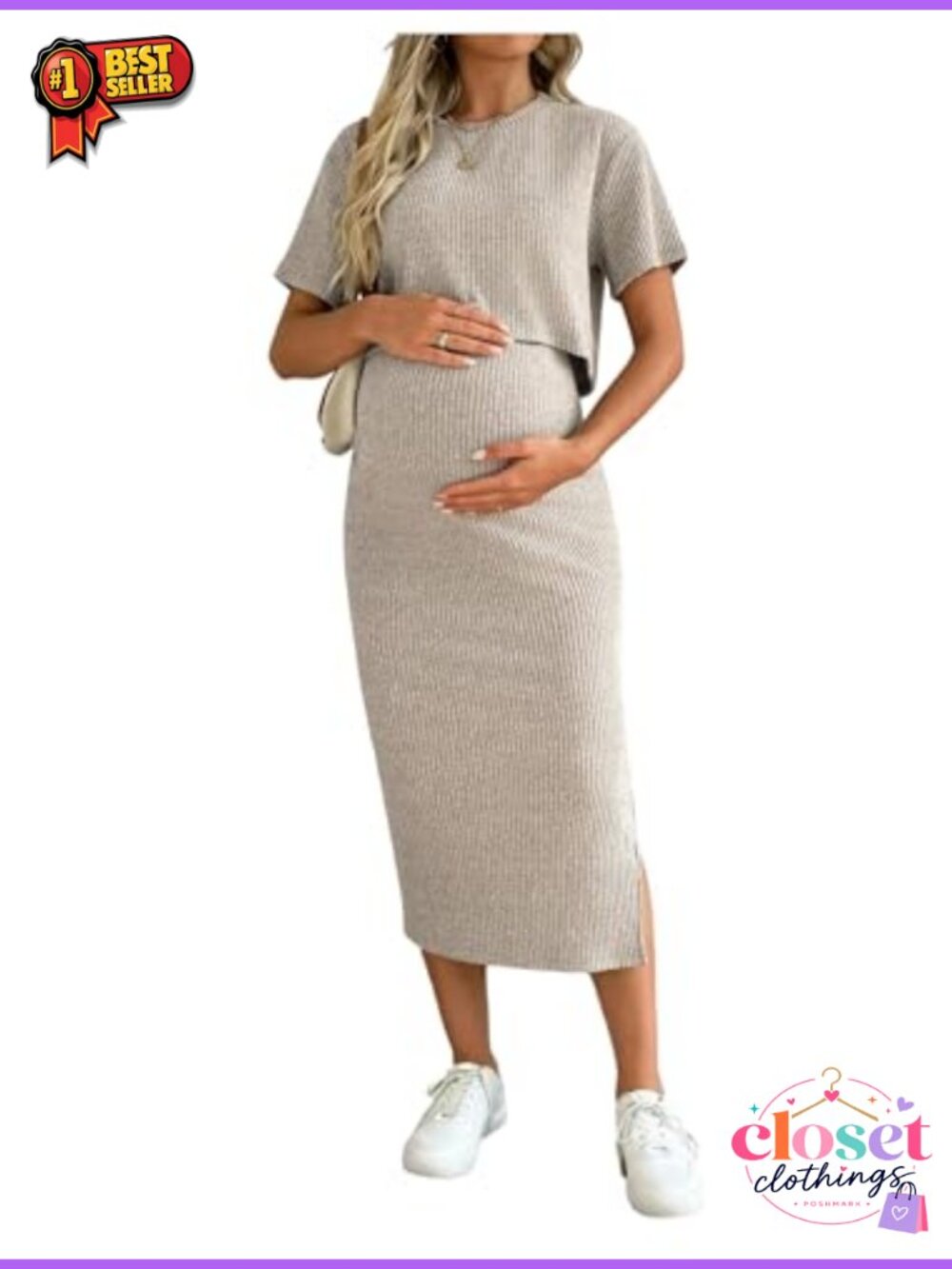 Maternity 2 Piece Outfits Ribbed Crop Top Bodycon Midi Skirt Set